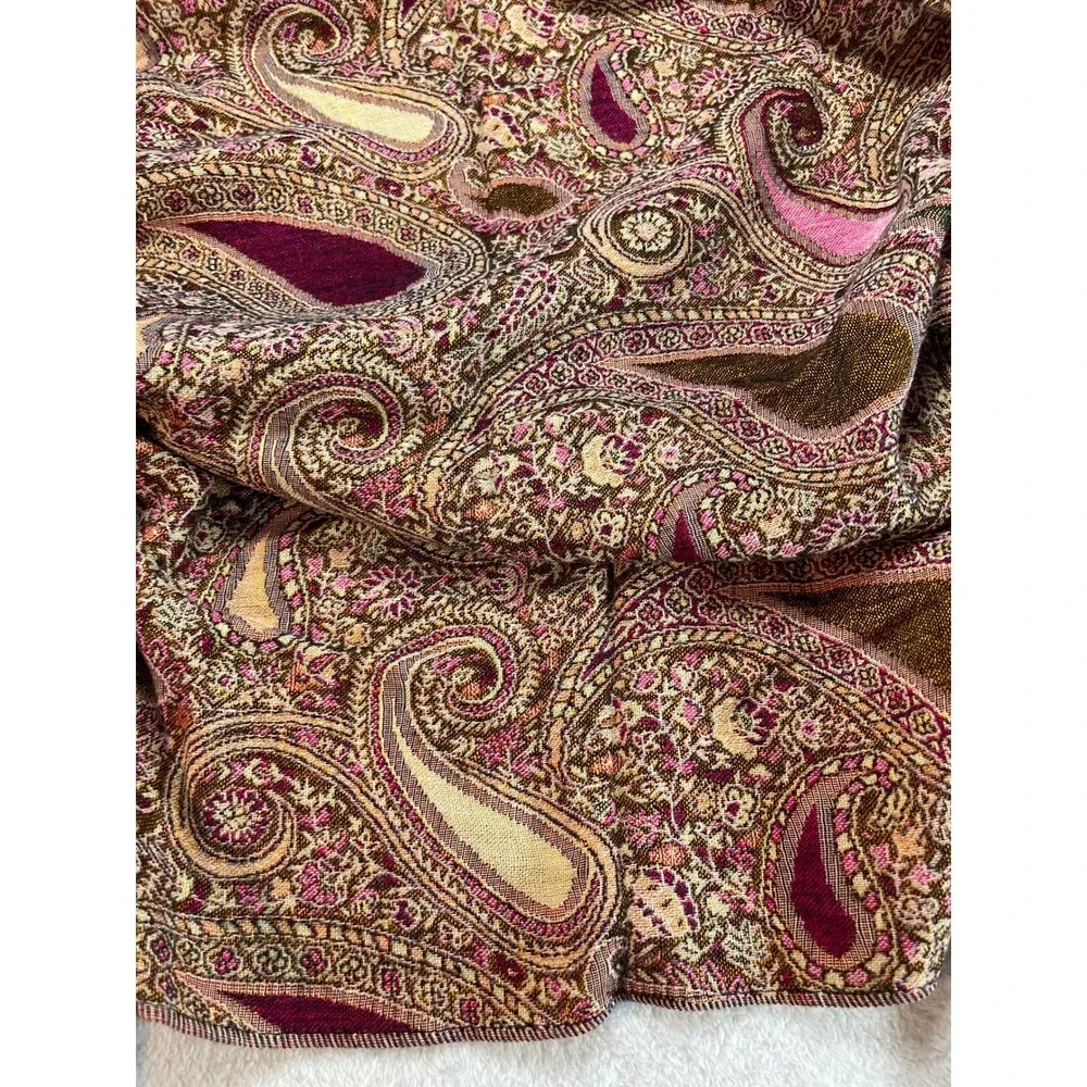 Boho Paisley Pashmina Shawl Scarf Burgundy Pink Gold Fringe Wrap 28x76